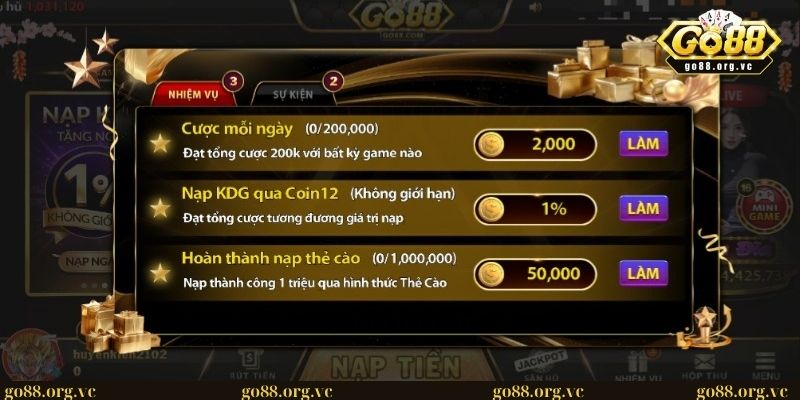 Ưu đãi khi hoàn thành các nhiệm vụ hàng ngày tại GO88