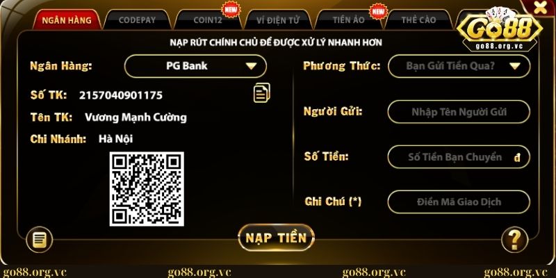 Phương thức nạp tiền bằng ngân hàng tại cổng game GO88