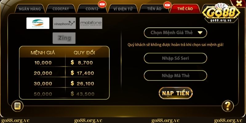 Phương thức nạp bằng hình thức thẻ cào tại GO88
