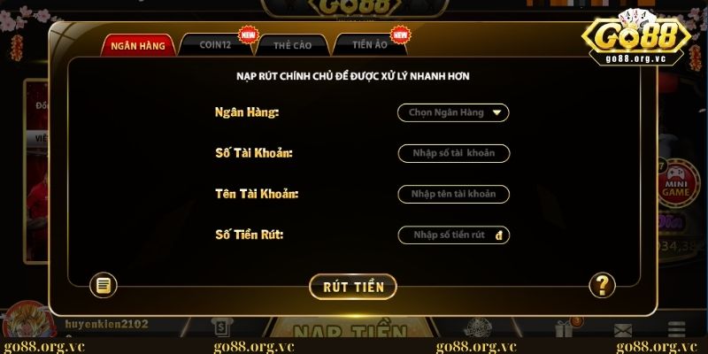 Giao diện rút tiền bằng ngân hàng tại cổng game GO88